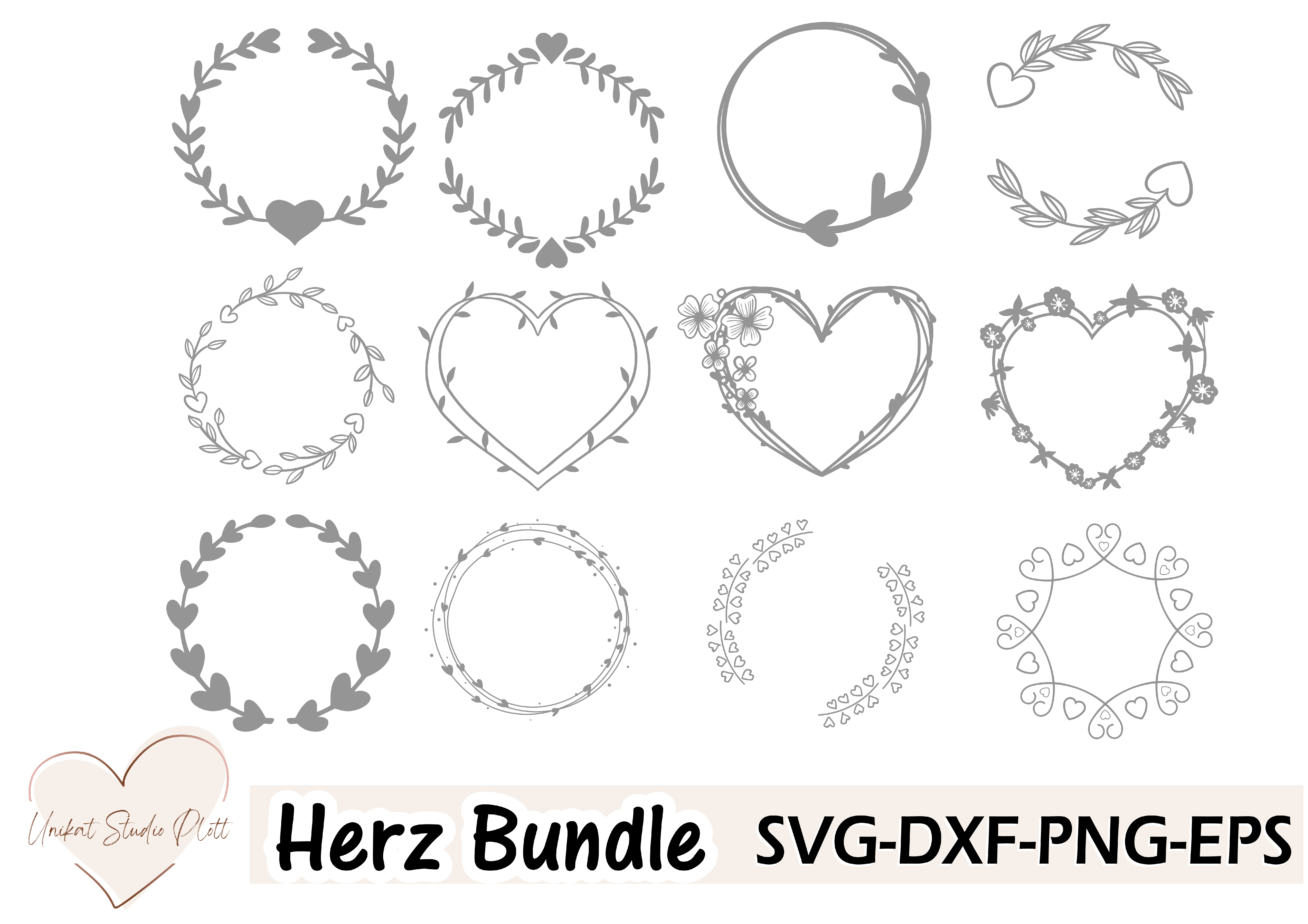 Plotterdatei Herz Bundle, Wreaths Designs SVG DXF PNG